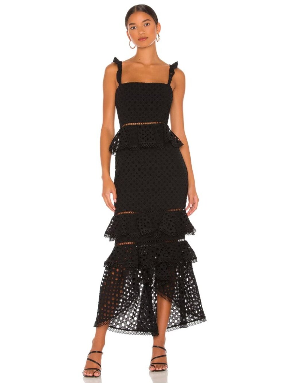 NBD Haze Midi Dress Black Ruffled Peplum Tiered Eyelet Overlay Party Size XS